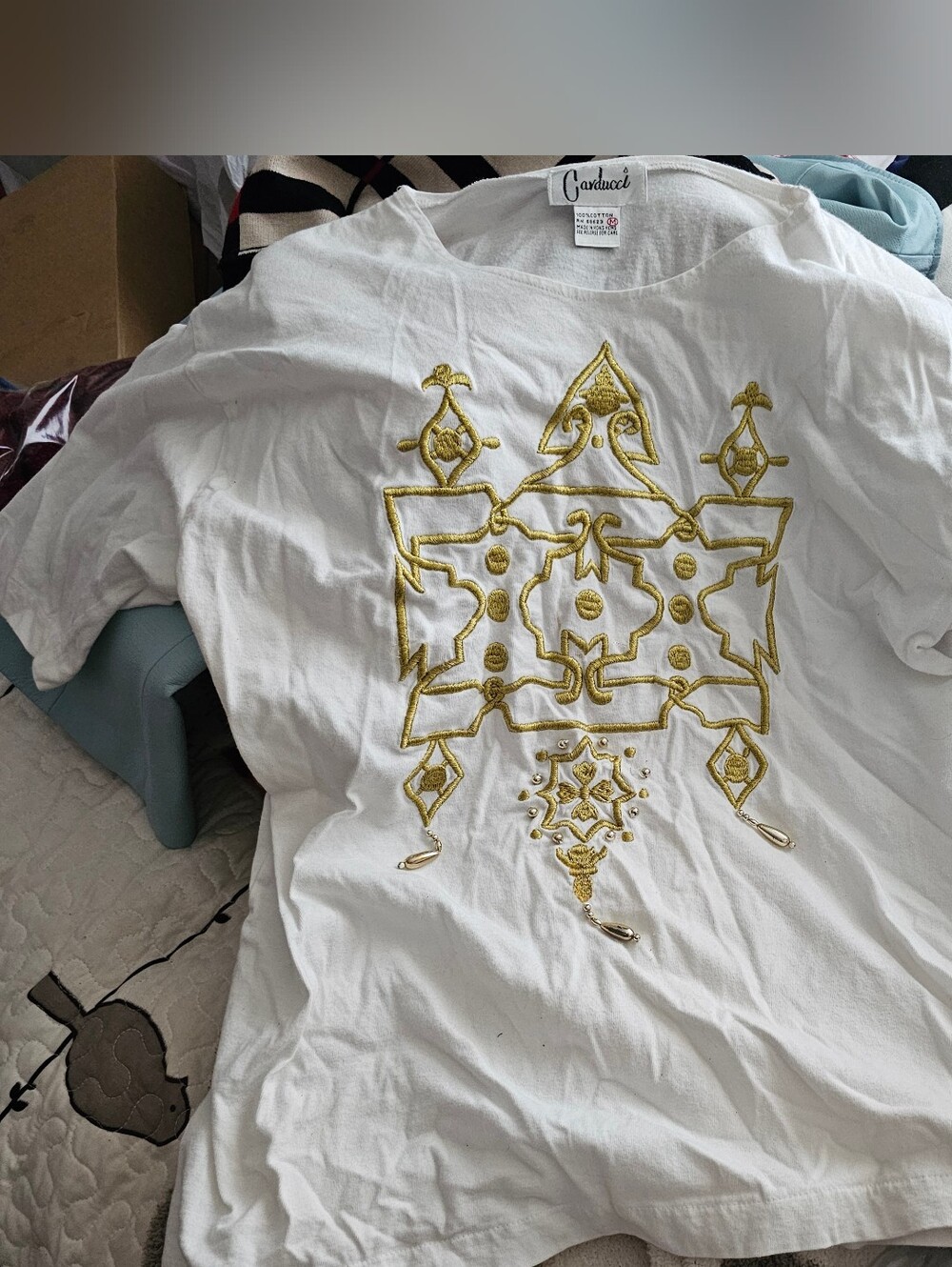 Vintage 80's Carducci White Tee with Gold Embroidered Ornament